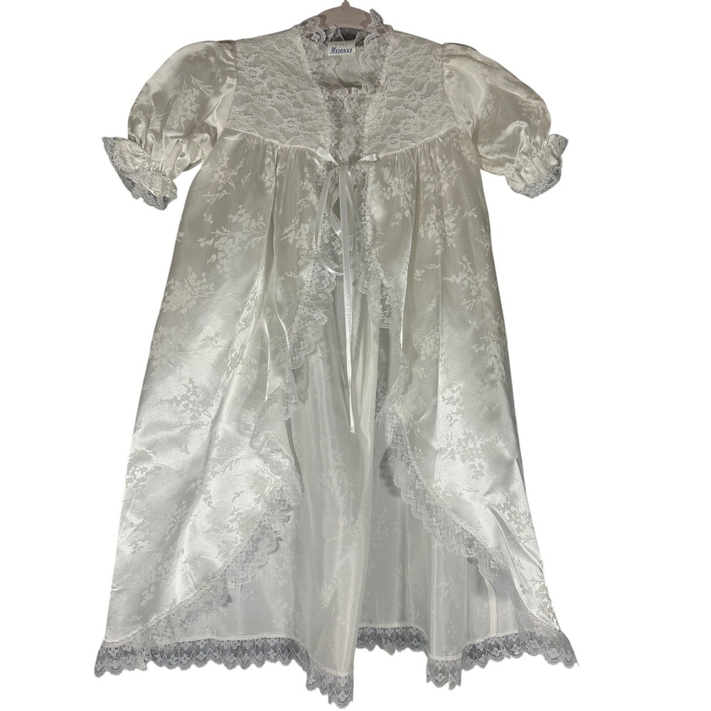 Madonna Vintage Christening Gown Robe Baby 0-6 Months White Lace Satin Floral